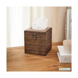 Caja de pañuelos de madera cuadrada con tapa con bisagras_5