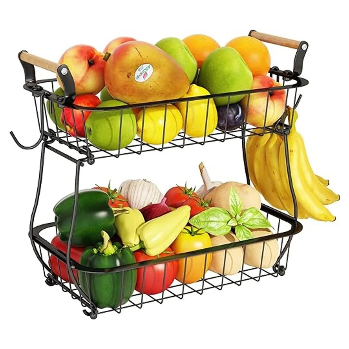 Cesta de frutas de 2 niveles con 2 ganchos de plátano_1