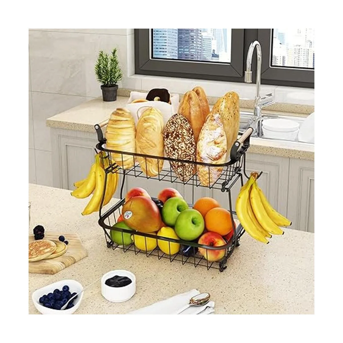 Cesta de frutas de 2 niveles con 2 ganchos de plátano_5