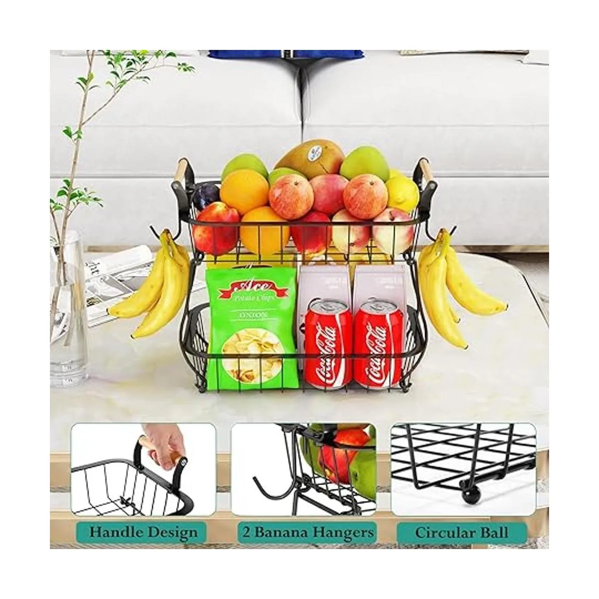 Cesta de frutas de 2 niveles con 2 ganchos de plátano_4