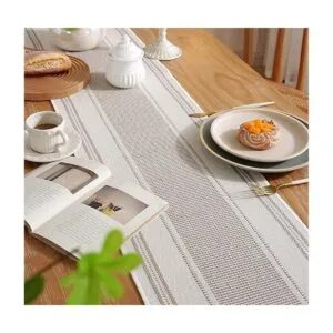 Camino de mesa bohemio a rayas naturales para decoración_5