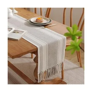 Camino de mesa bohemio a rayas naturales para decoración_3