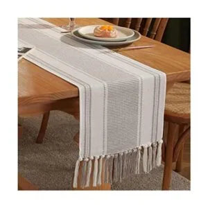 Camino de mesa bohemio a rayas naturales para decoración_1