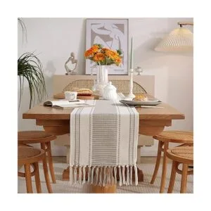 Camino de mesa bohemio a rayas naturales para decoración_4