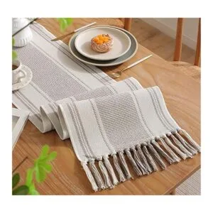 Camino de mesa bohemio a rayas naturales para decoración_2