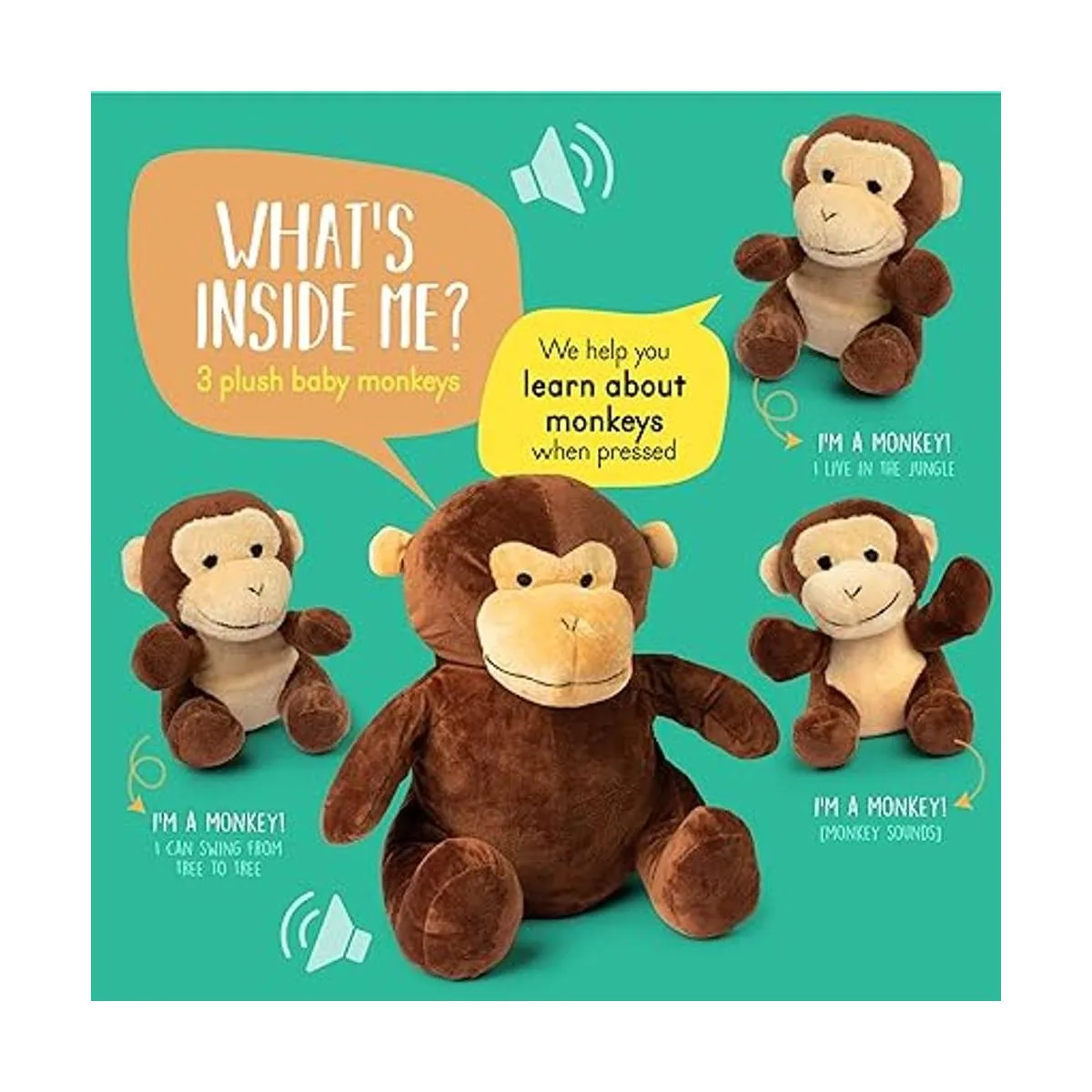Mono de peluche parlante con 3 monos bebés en su abdomen_2
