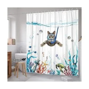 Fowocu Divertido juego de cortinas de ducha de gato color_3