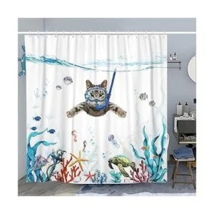 Fowocu Divertido juego de cortinas de ducha de gato color_2