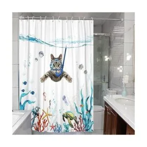 Fowocu Divertido juego de cortinas de ducha de gato color_4