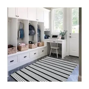 Alfombra de algodón a rayas blancas y negras de 27.5 x 43_4