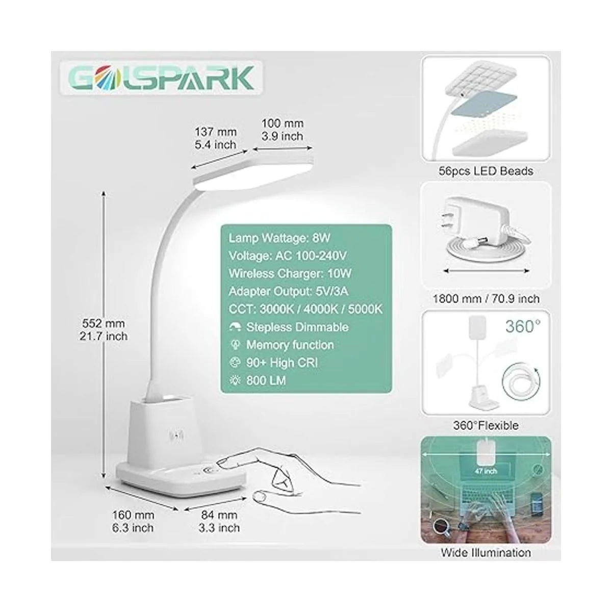 Lámpara de escritorio con cargador inalámbrico Golspark_5