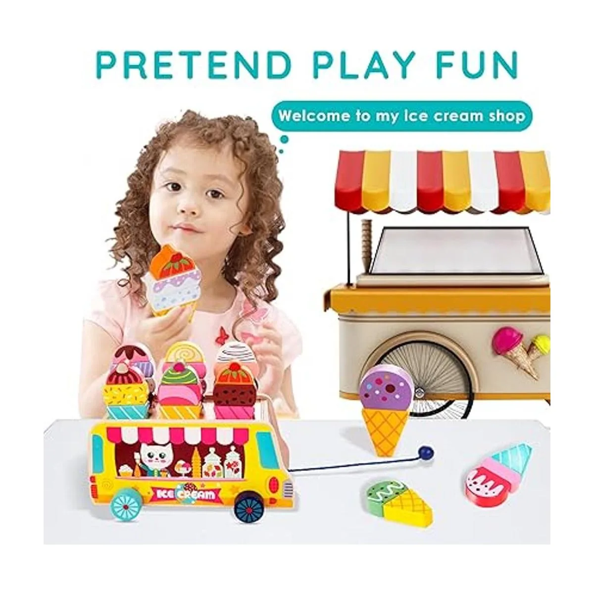 HELLOWOOD Camión de helados de madera 28 piezas de dulces_3