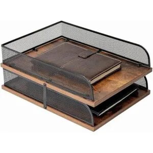 Juego de 2 bandejas vintage de madera y metal_1