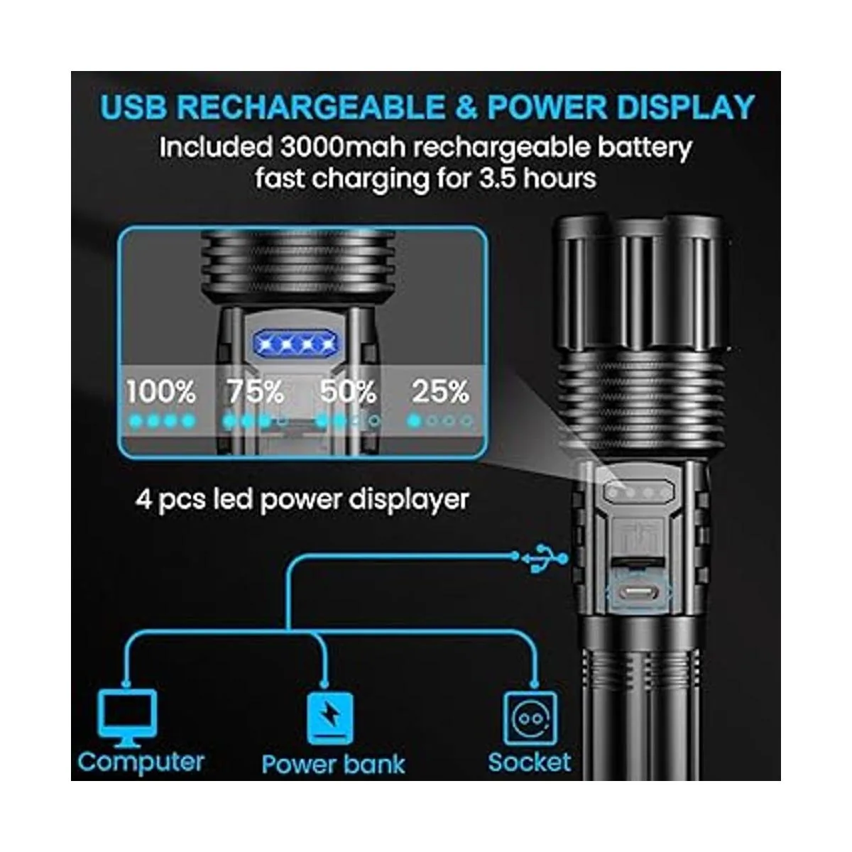 Faroles LED recargables de 8000 lúmenes altos linterna_3