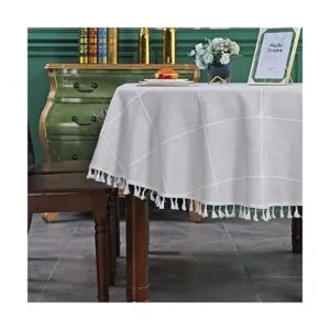 Mantel ovalado con bordado a cuadros de granja con borlas_5