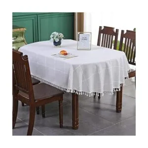 Mantel ovalado con bordado a cuadros de granja con borlas_2