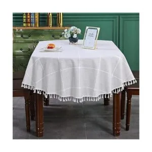 Mantel ovalado con bordado a cuadros de granja con borlas_4