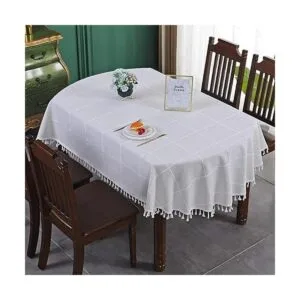 Mantel ovalado con bordado a cuadros de granja con borlas_3