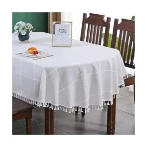 Mantel ovalado con bordado a cuadros de granja con borlas_1