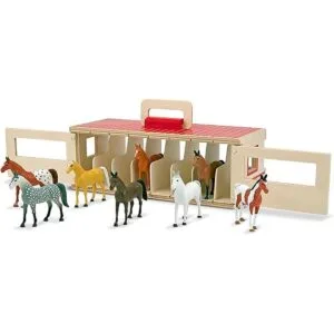 Establo de madera de juguete con 8 caballos de Melissa_1