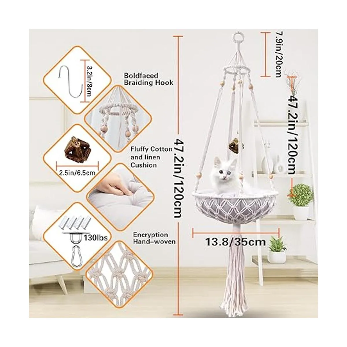 Hamaca de macramé para gatos cama colgante tejida a mano_3