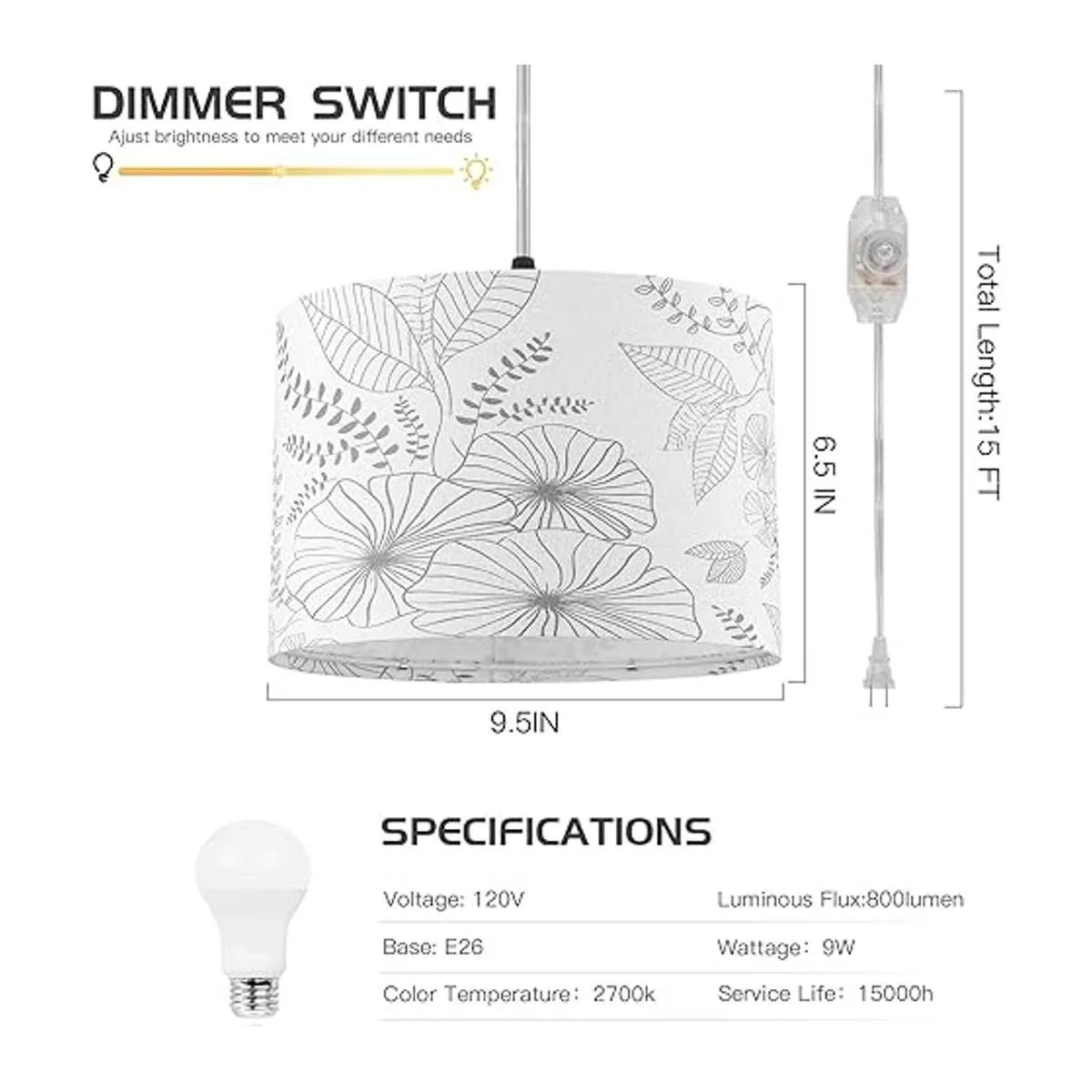 CINSARY Lámpara colgante enchufable luz colgante con_4