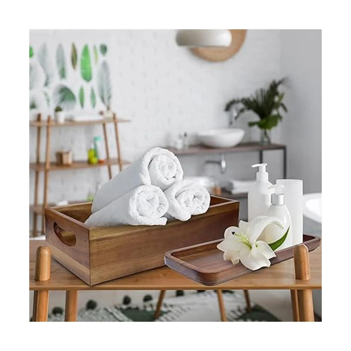 Demigo Juego de soporte de caja de madera de acacia y_6