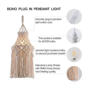 Lámpara colgante de macramé estilo bohemio con bombilla_3