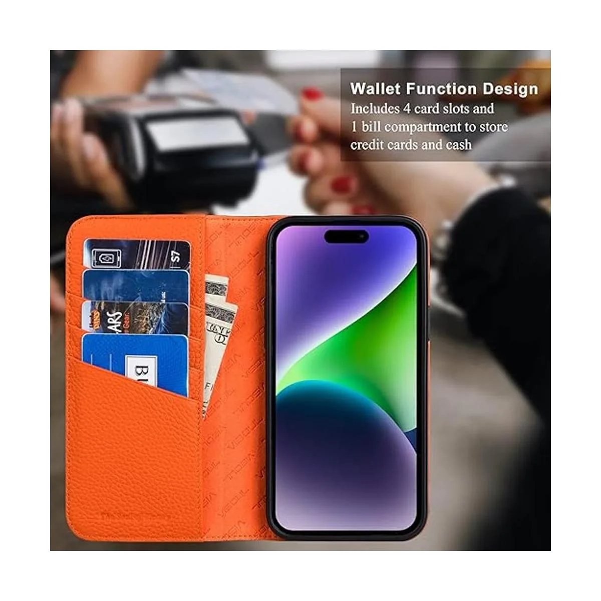 VISOUL Funda de piel auténtica guijarrada para iPhone 14_4