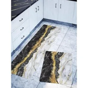 Black Gold Marble Kitchen Mat and Rugs 2 Pieces Anti_3
