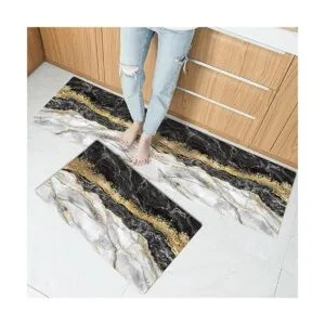 Black Gold Marble Kitchen Mat and Rugs 2 Pieces Anti_2
