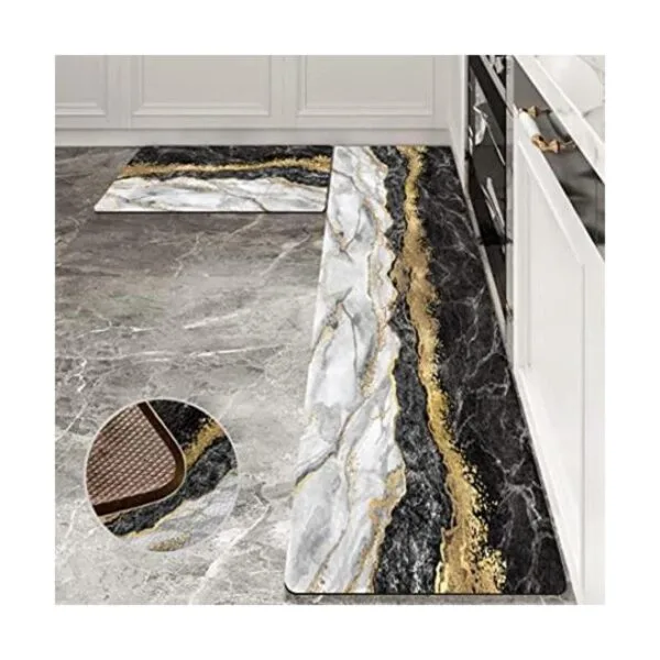 Black Gold Marble Kitchen Mat and Rugs 2 Pieces Anti_1