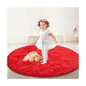 FlyDOIT Alfombra redonda roja para dormitorio alfombras_6