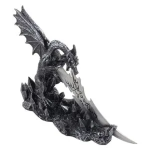 Cuchillo mítico de dragón guardián en estatua de soporte_3