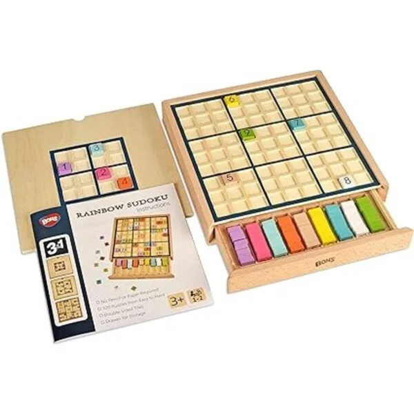 BOHS Juego de mesa de Sudoku de madera arcoíris con cajón_5