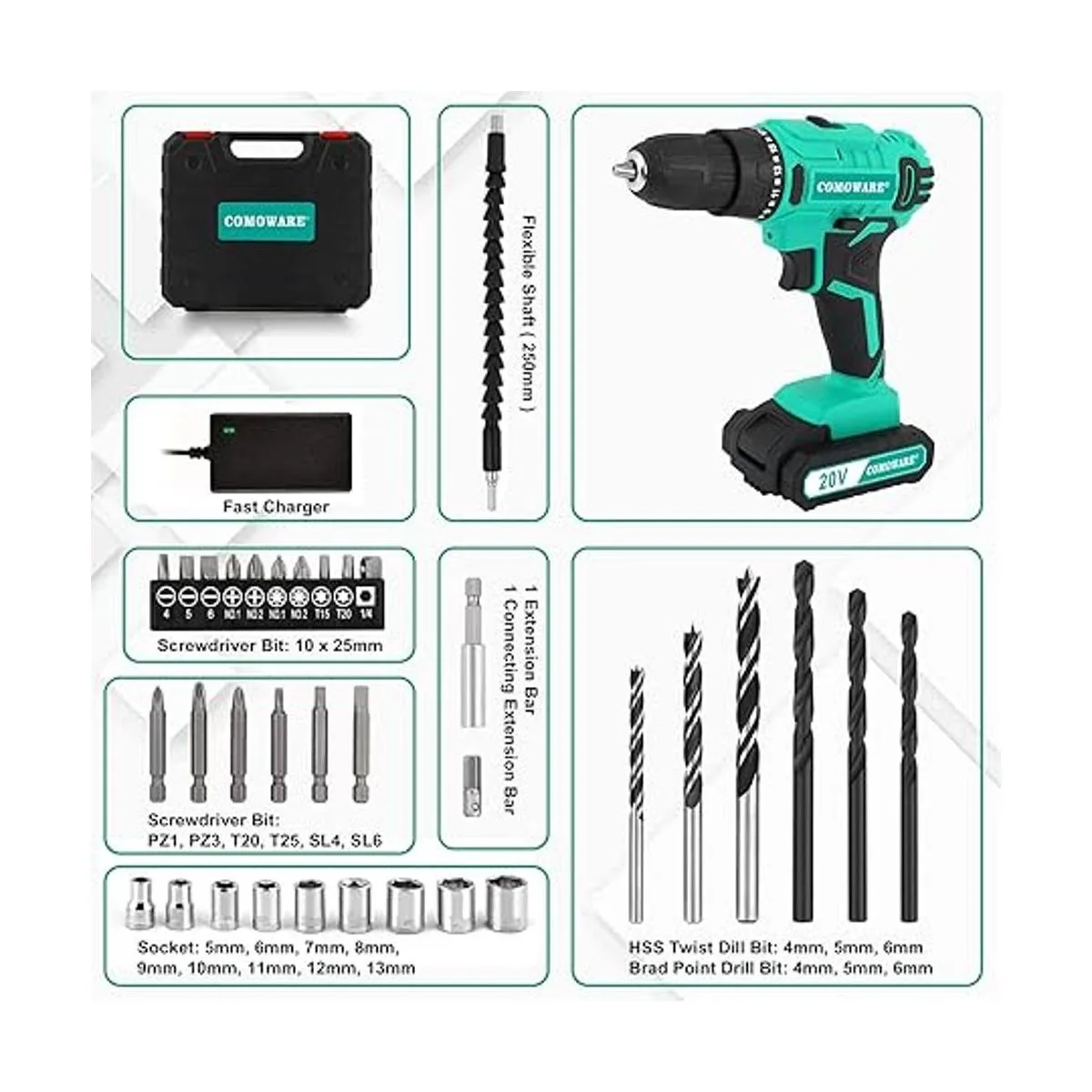 COMOWARE Taladro inalámbrico de 20 V juego de brocas_3