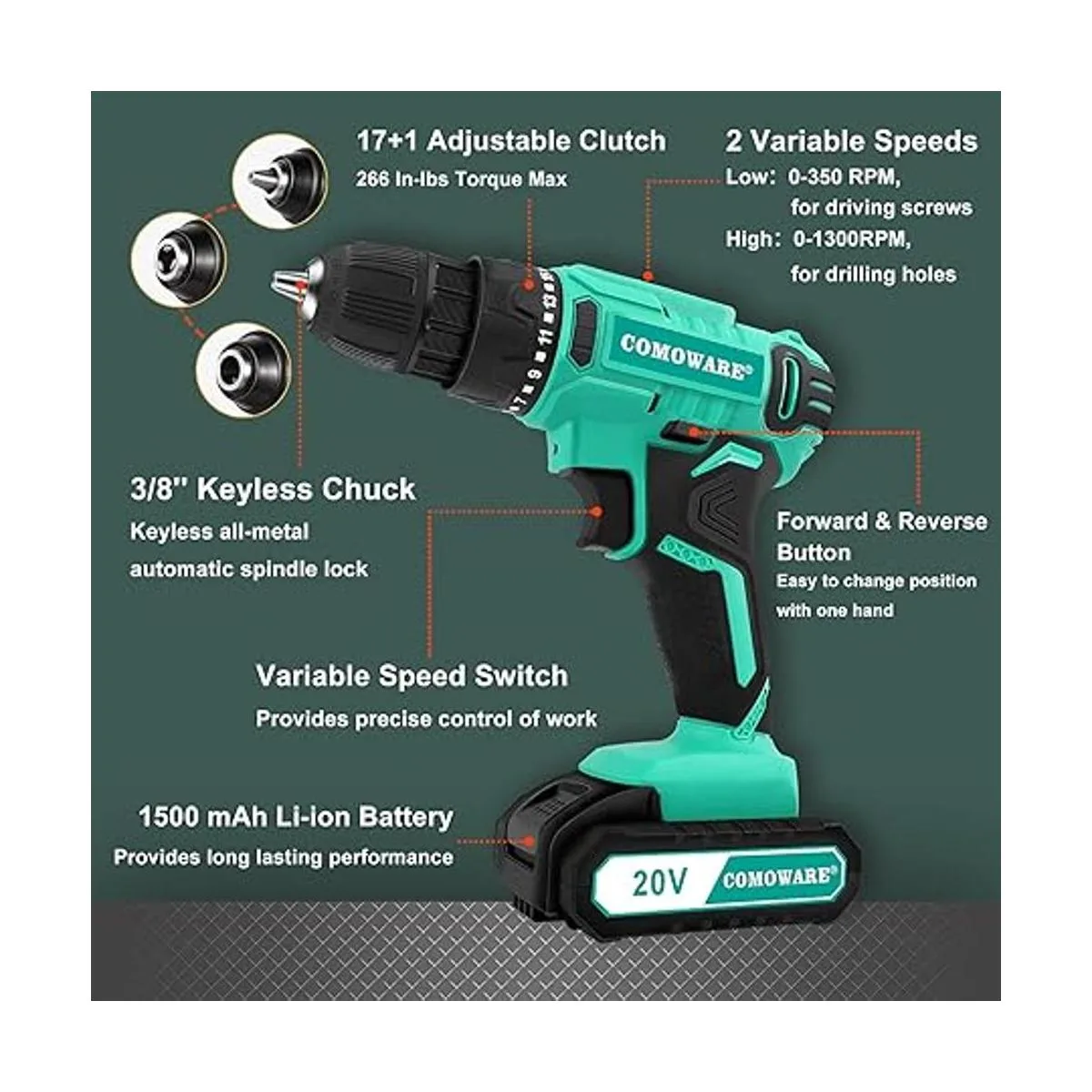 COMOWARE Taladro inalámbrico de 20 V juego de brocas_2
