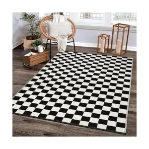 LEEVAN Alfombra a cuadros en blanco y negro de 3 x 5 pies_2