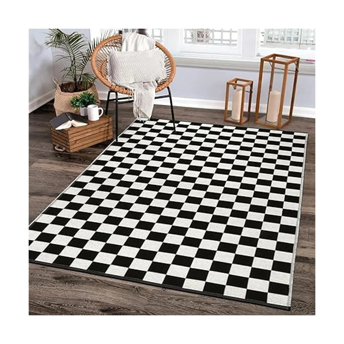 LEEVAN Alfombra a cuadros en blanco y negro de 3 x 5 pies_2