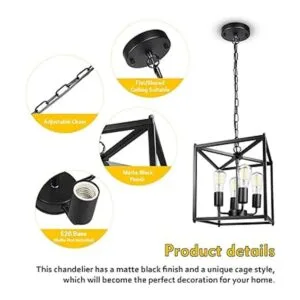 Unicozin Lámpara de araña de granja negra de 4 luces_3