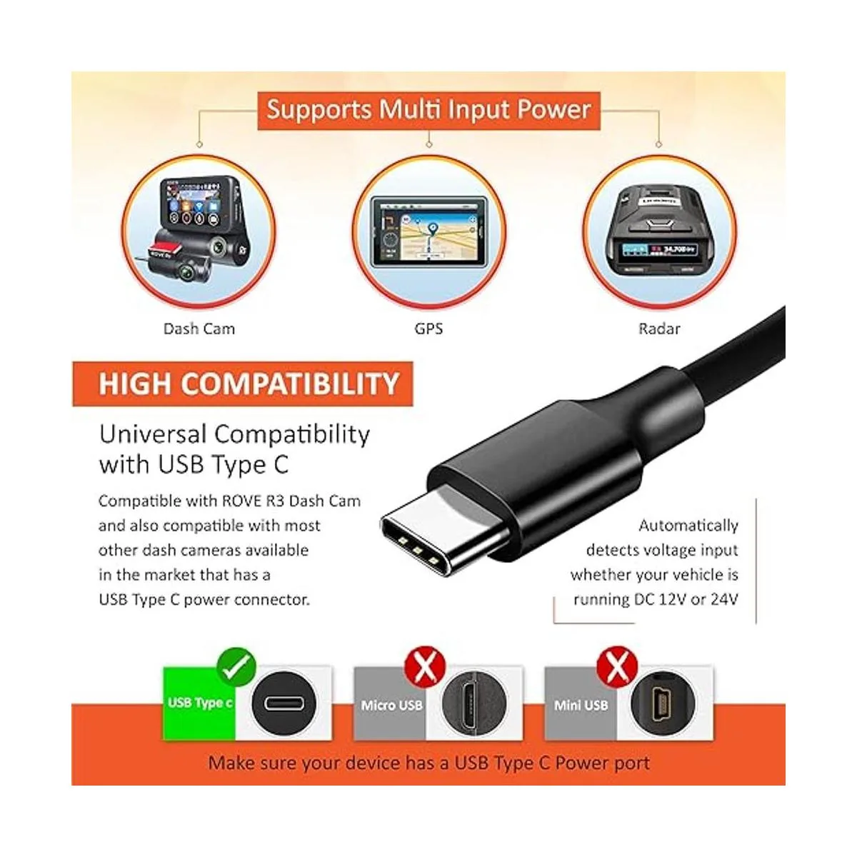 Kit de cable duro para cámara de salpicadero USB tipo C_4