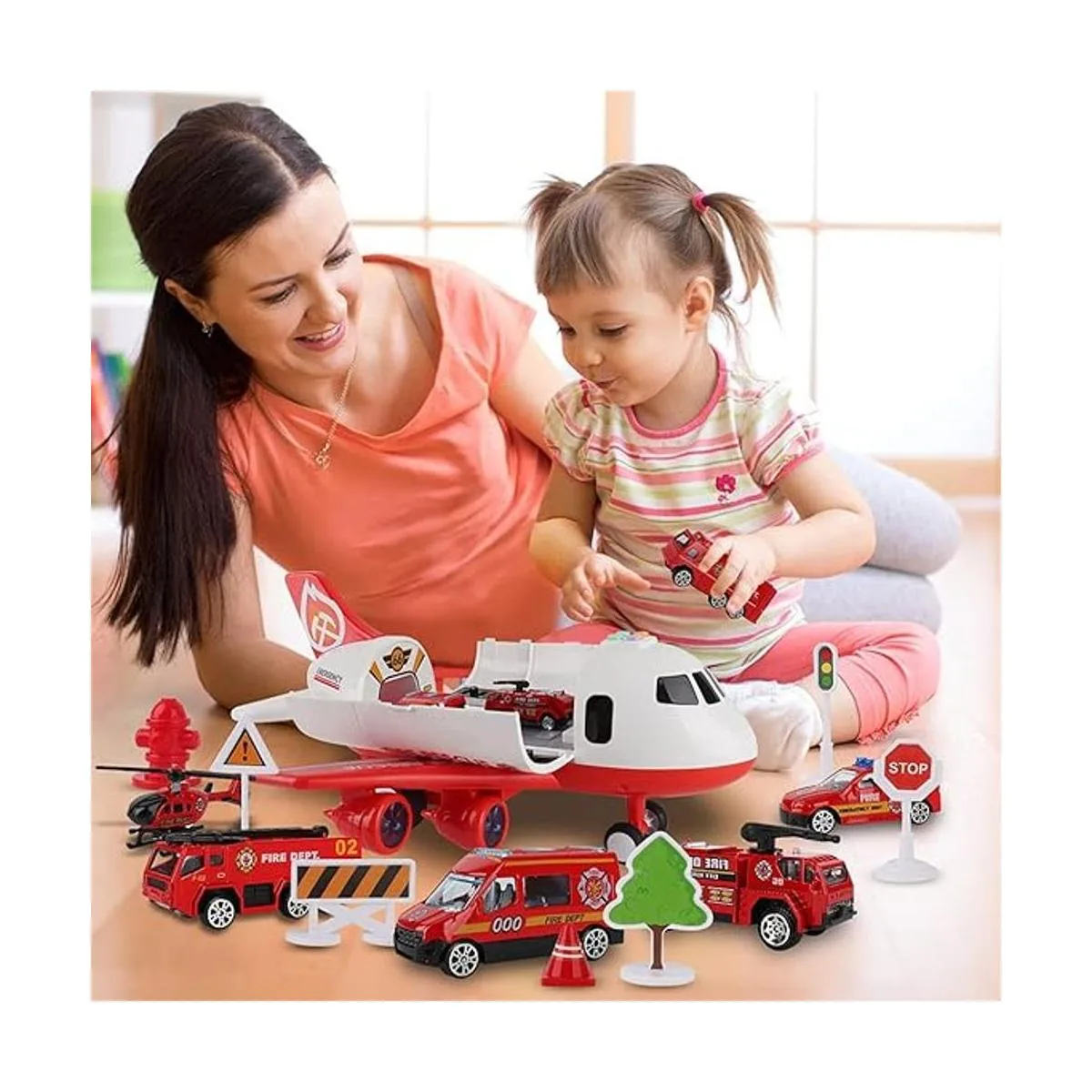 Juguete de avión con camión de bomberos y tapete de juego_5
