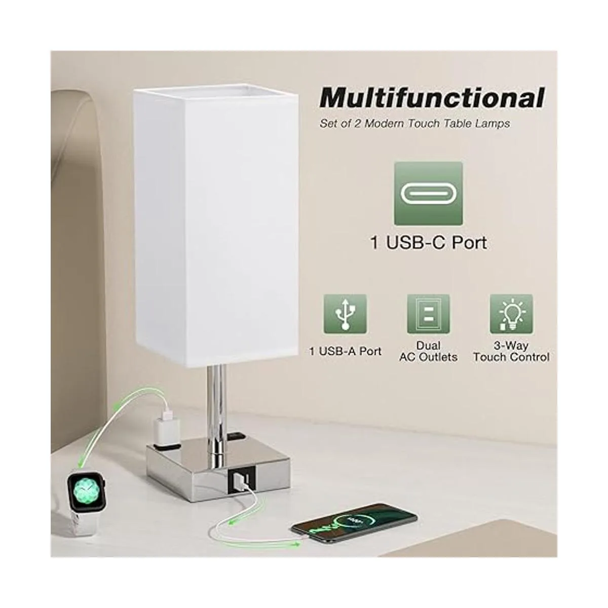 Juego de 2 lámparas táctiles con puerto USB lámpara de_3