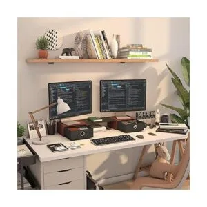 WESTREE Soporte elevador de doble monitor con dos cajones_2