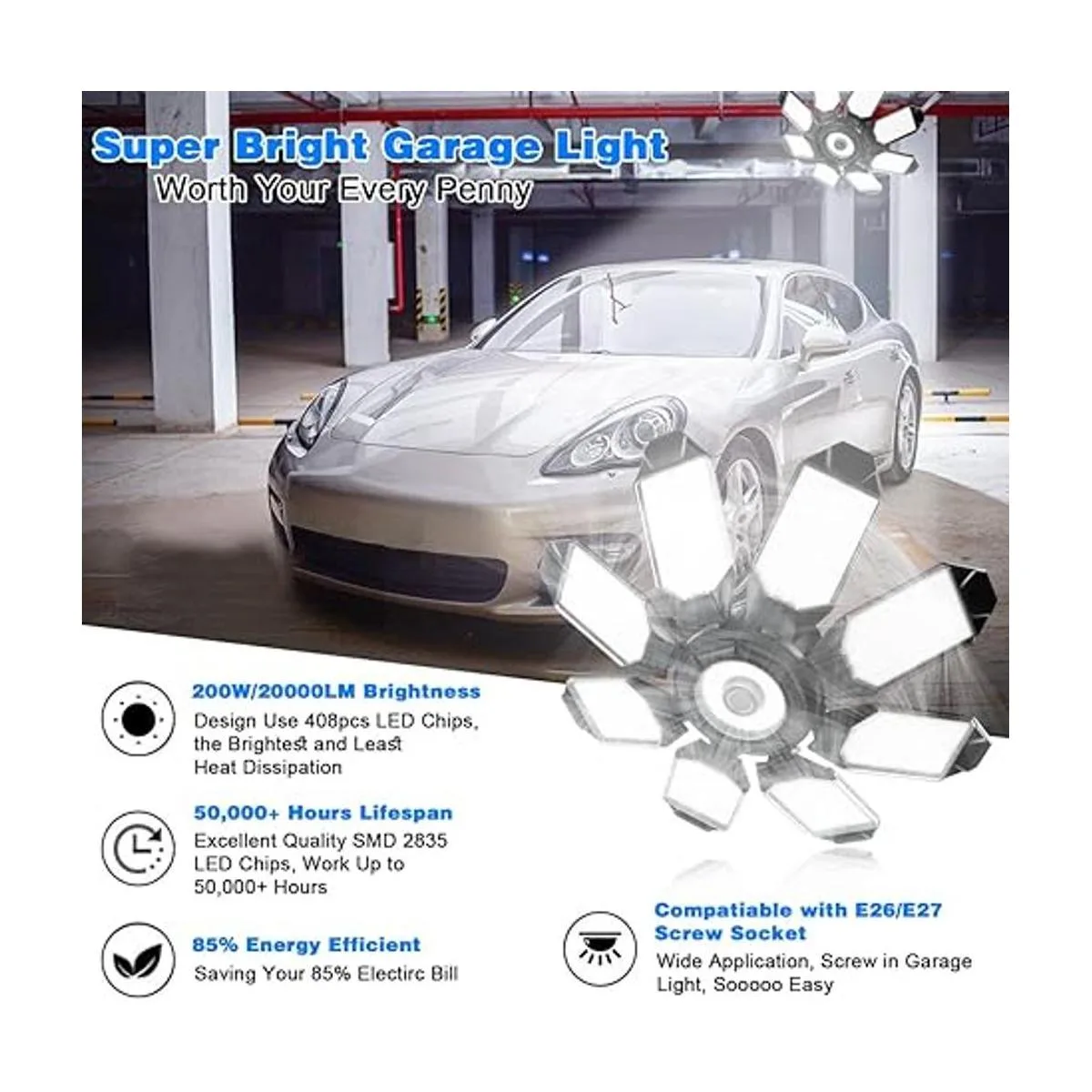 POLARPRA Luz LED de garaje de 200 W iluminación LED de_2
