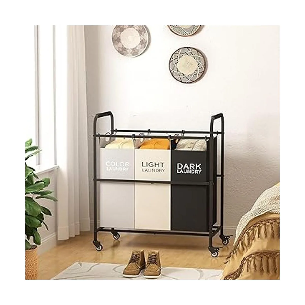 Tajsoon Carrito clasificador de ropa sucia de 3 bolsas_5