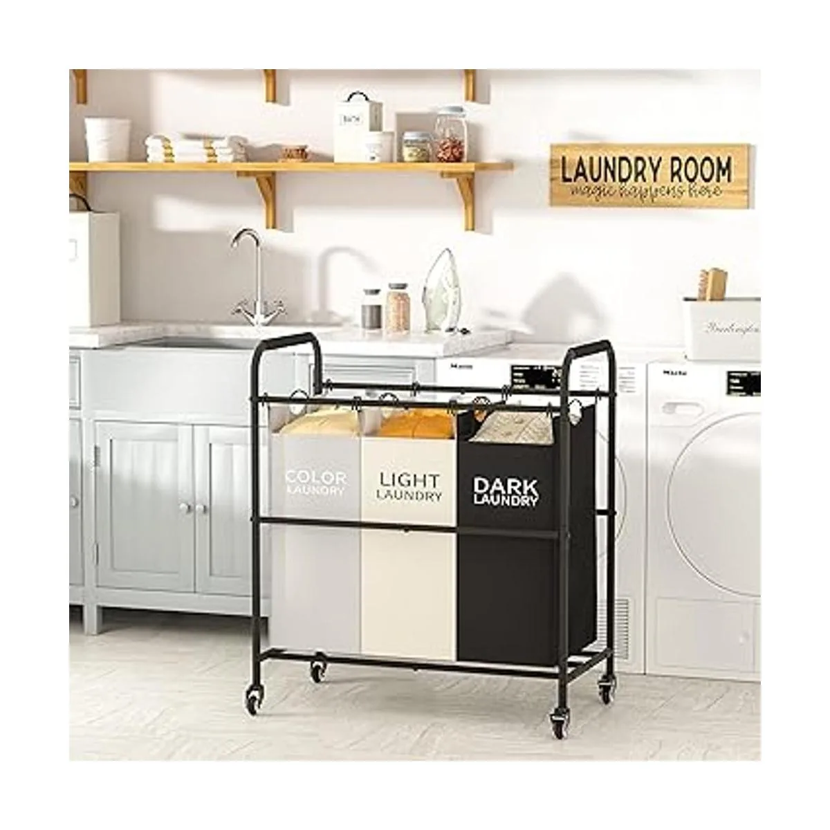 Tajsoon Carrito clasificador de ropa sucia de 3 bolsas_4