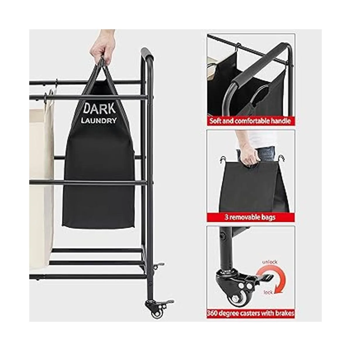 Tajsoon Carrito clasificador de ropa sucia de 3 bolsas_6