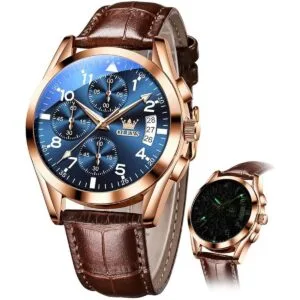 OLEVS Relojes casuales para hombres de cuero marrón de_1