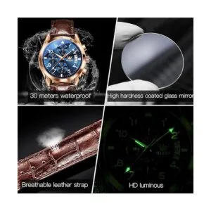 OLEVS Relojes casuales para hombres de cuero marrón de_5